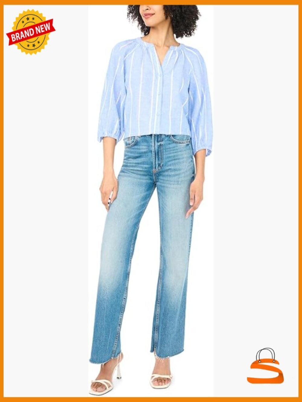 Striped 3/4 Raglan Sleeve Button Down Blouse